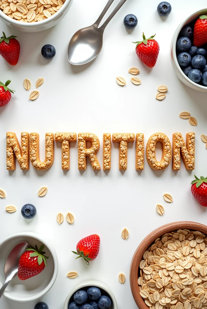 (photorealism:1.2) I need you to make lettering with oats that says nutrition, add more things around it, add spoons, dishes, blueberries and strawberries change the background white background