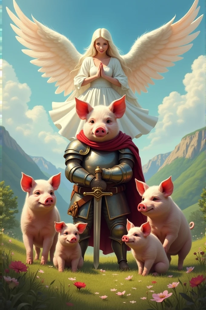 three little pigs with angel aurelia, with a fourth warrior pig in front of the three 