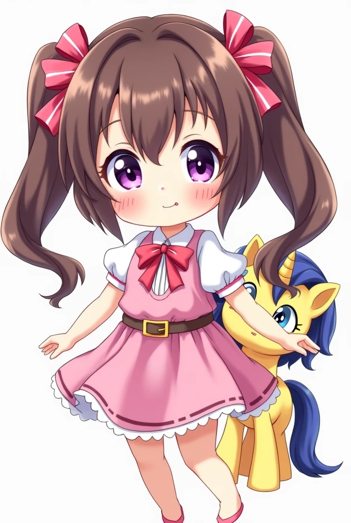 (1girl), masterpiece, best quality, super fine illustration, an extremely cute , highly detailed beautiful face, looking at viewer, 1girl, belt, closeup, looking at viewer, 4k, high res, ribbon, firis mistuld, blush, pov, twintail hair, white background, simple background, thick outline, purple eyes, (sleep), brown hair, chibi, love expression,  ((brown hair)), (blood), yellow and blue pony oc, trending on deviantart