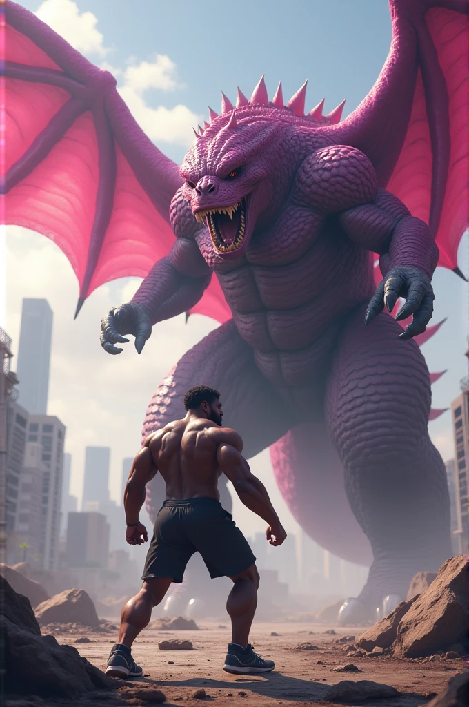 A dark-skinned man about 2 meters tall, a lover of video games and sports, fighting against a flying pink Godzilla