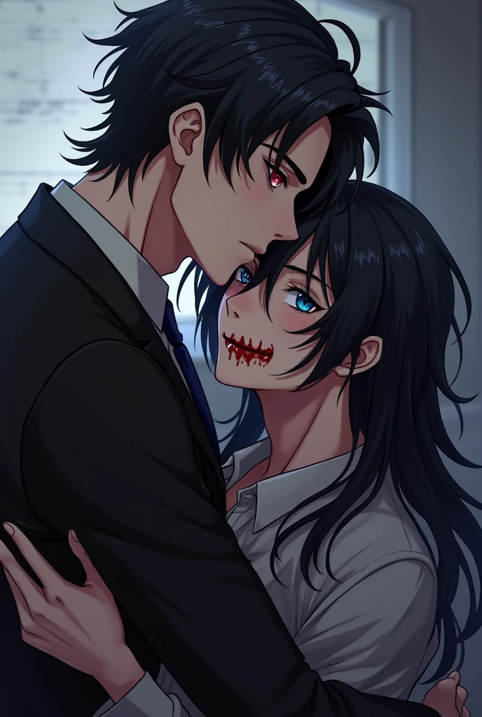 Gay anime men embracing.Ones taller with red eyes and an obsessive look he's very handsome and is holding a smaller man with blue eyes and long black hair.He has blood on his face but is smiling innocently.Their both men and the smaller one looks psychotic.