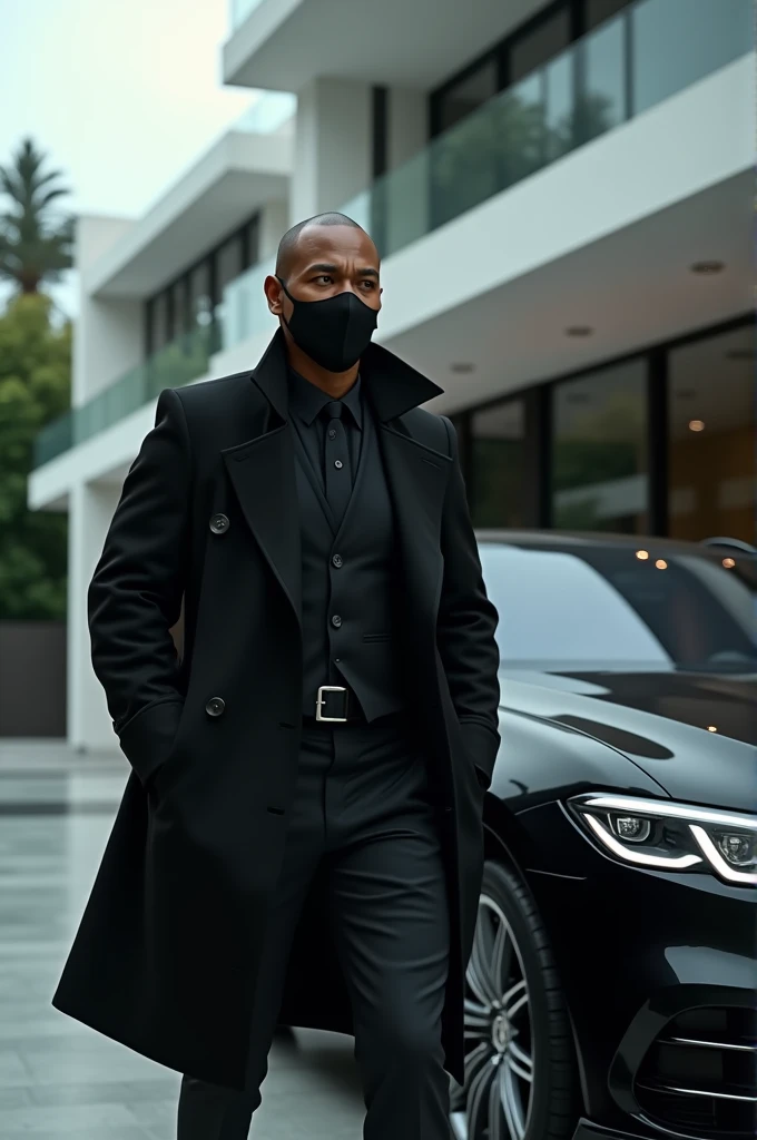 A man with mulatto skin, wearing a black surgical mask and a black gothic jacket, is in front of his modern mansion, Getting out of your car