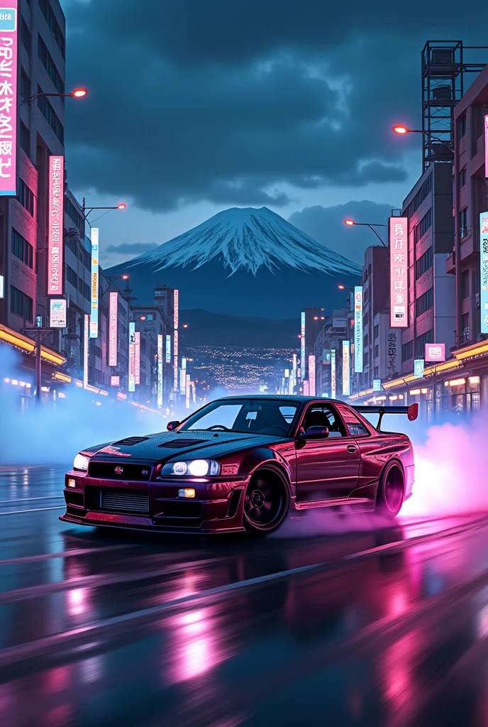 can u make a nissan skyline r 34 with body kit in midnight city drifting fuji mountain in japan with neon under the car and wheels smoke