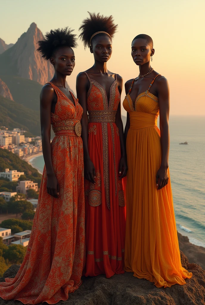 3 femme africaine sur le haut d'une montagne, le regard vers nous, jolie payage avec une ville au bord de mer