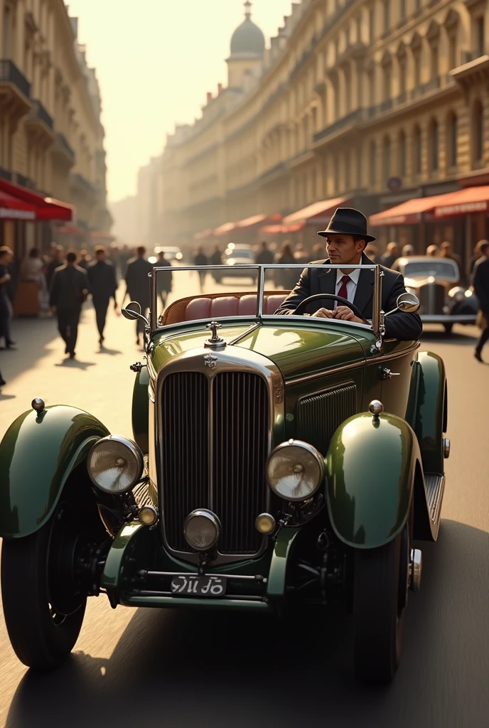 A vintage car from 1940 in Paris city the man driving the car
