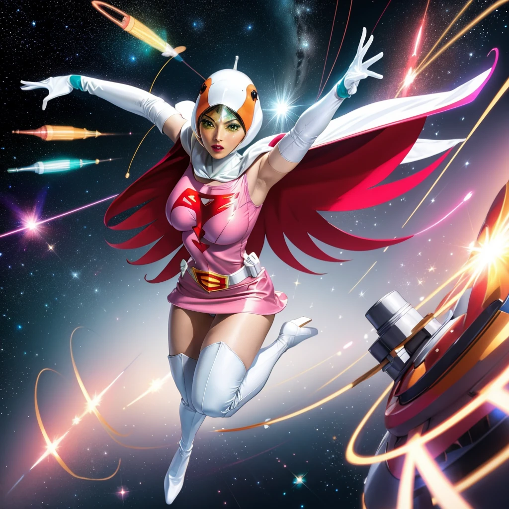 ANI_CLASSIC_jun_gatchaman_ownwaifu,1girl, ,good anatomy, masterpiece, best quality,realistic, hyperrealistic, 16k hdr,breasts,green eyes,lips,large breasts,lipstick,makeup,gloves,cape,helmet,belt,elbow gloves,white gloves,mask,ultra miniskirt,leotard,spacesuit,white tight overknee highheels boots,pink dress,superhero,bodysuit,cleavage,erected nipples,((jumping poses)),cameltoe