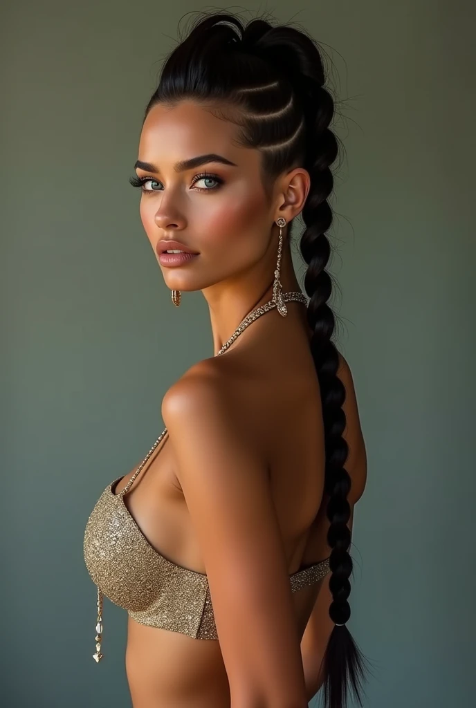 Mexican A beautiful pale-skinned Latina , eyes blue, full body, perfect body, haircut with two long mohawk braids, mohawk, uses two braids, he is 1, brown tanned skin, (best quality,4k,8k,highres,masterpiece:1.2),ultra-detailed,(realistic,photorealistic,photo-realistic:1.37),HDR,UHD,studio lighting,ultra-fine painting,sharp focus,physically-based rendering,extreme detail description,professional,vivid colors,bokeh,portraiture,glamour,sensual,alluring,wear mexi, in style of Retna, full body, write the name Sofia with glitter