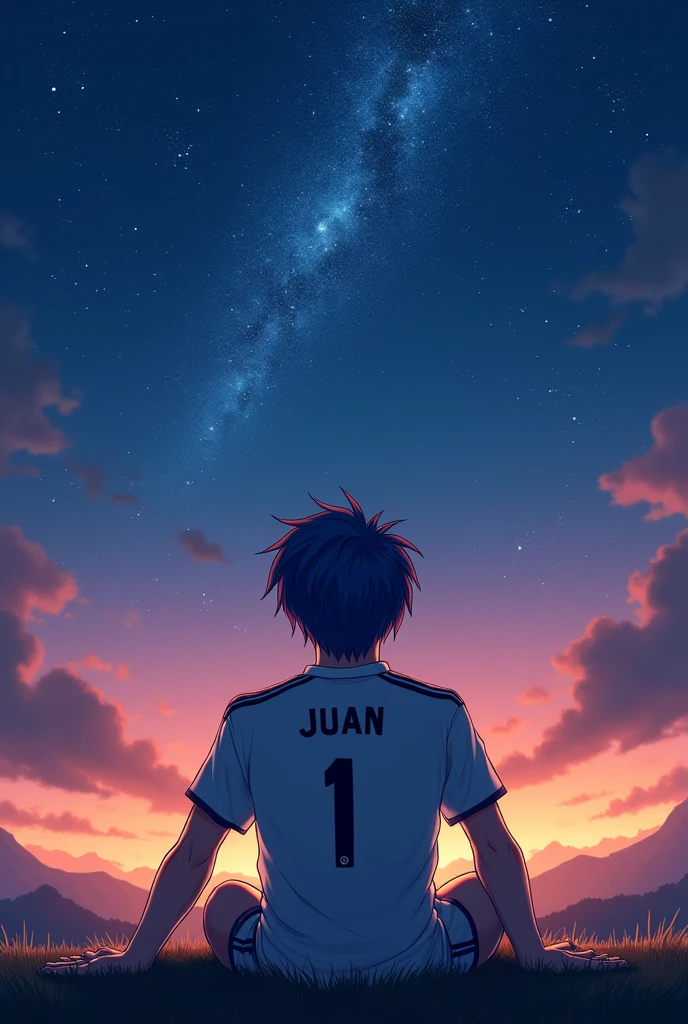 generates an image in which a young man with thin and pretty face features looking at the stars, in the sky has to be a very nice sky with many stars, the young man has to have blue hair and his body has to be normal with a normal physique has to have the uniform of Real Madrid and has to be on his back the young man, the shirt has to have the number 1 and say JUAN, give me the size of the fotyo to be all in whatsaap profile and not half. and place a beautiful sunset, the young man should be on his back and looking at the sunset.