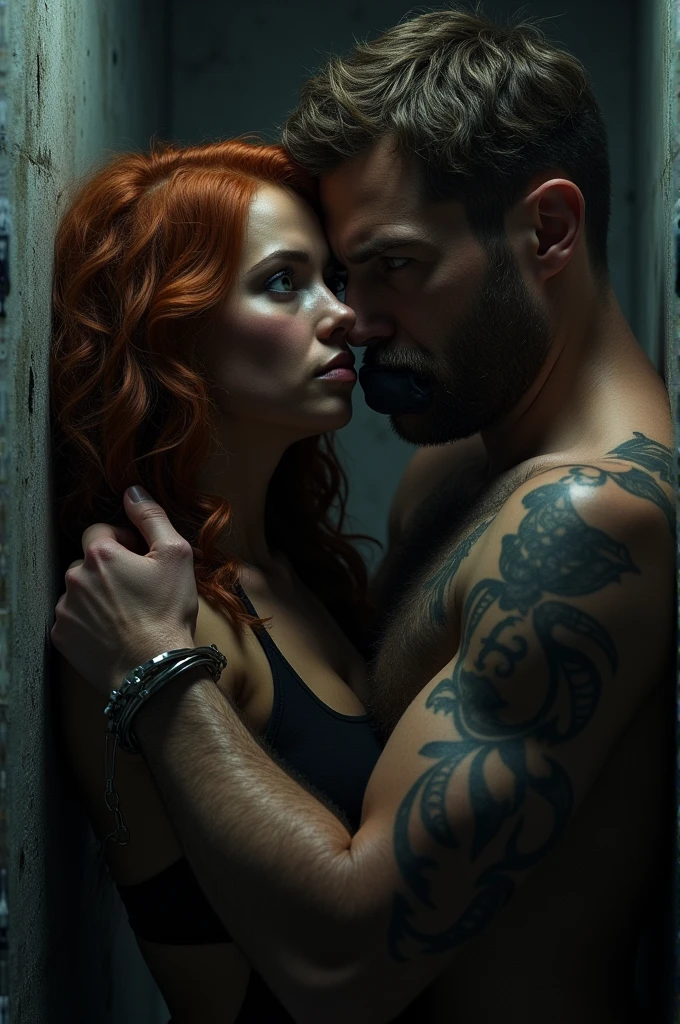 Image reele
Femme au sous sol cheveux rouge ondulé menotteee avec un tissue qui entrave ses lèvres legerement ouverte.
Kidnappeur regarde femme avec du desir et de la domination