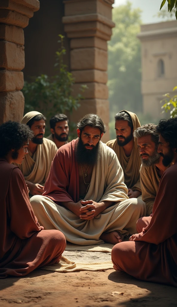 Ultra-realistic 8k Image, Job's friends arriving, A picture of Job's friends sitting around him, in silence, as in the Bible, when they come to comfort him, but they don't say anything at first.