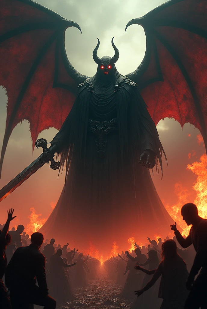 Thousands of people were tortured in a hell that was full of flames and was tortured by a huge, red-eyed and very angry creature in black robes with 2 terrifying wings and a large sword that he carried in his right hand ready to torture anyone while staring angrily at humans sinners and among them some were strangled and picked up by the big creature,4k,HD,realistic 