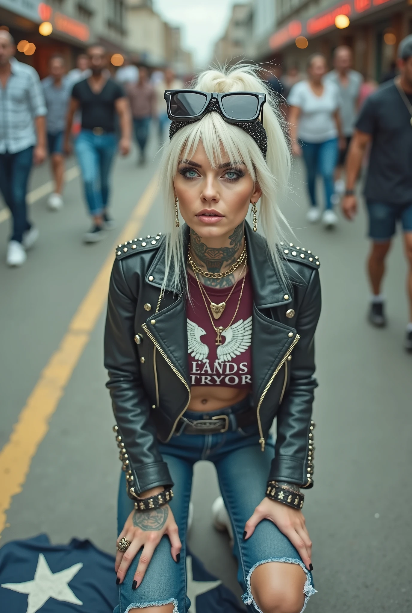 American old milf woman, blonde platinum hair (beehive bun) and oversized square sunglasses as headband), with very light green eyes, extremely pale. Square jaw. .Wearing studded, padded shoulders, cropped black moto jacket (zippers on the side and feminist pins) Cropped dark burgundy push up t-shirt with skull and wings logo and gothic lettering,, dark skinny low rise blue jeans with holes on knees .White tennis sneakers. Lots of thick wide studded bracelets, chain collars and big rings. Tacky wide studded leather belt with big eagle oval buckle. Long earrings with chains. Kneeling on a ragged large usa flag, looking at the photographer. Hands on knees. Looking at the camera, Toned abdominals, thin neck, slim legs and thin arms. Narrow hips. Heavily tattooed on chest, hands, neck and arms. Crowded street of Angola