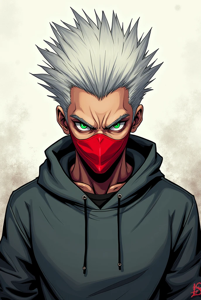 JoJo 2D style character, I will keep the main features, male character, like spiky white hair, a red mouth mask and green eyes with a neutral expression, wearing a dark gray sweatshirt. 