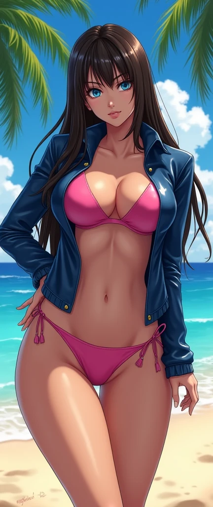 Nico Robin from One Piece, blue eyes, long-haired brunette, voluptuous, navy blue latex jacket, pink bikini, on a beach, photo