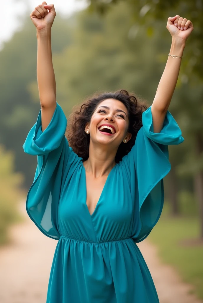 A woman celebrating her success, cheerful and happy, wearing a blue dress with sleeves covering her breasts, arms raised, full body shot, realistic photography, photorealistic, HDR, sharp focus, professional, vivid colors, natural lighting
