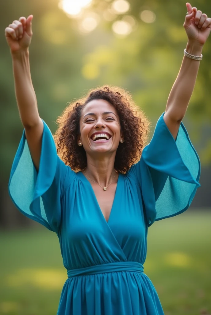A woman celebrating her success, cheerful and happy, wearing a blue dress with sleeves covering her breasts, arms raised, full body shot, realistic photography, photorealistic, HDR, sharp focus, professional, vivid colors, natural lighting