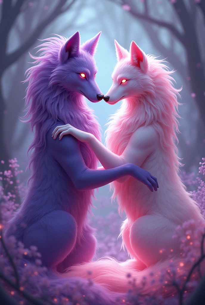 Purple and pink wolf couple 