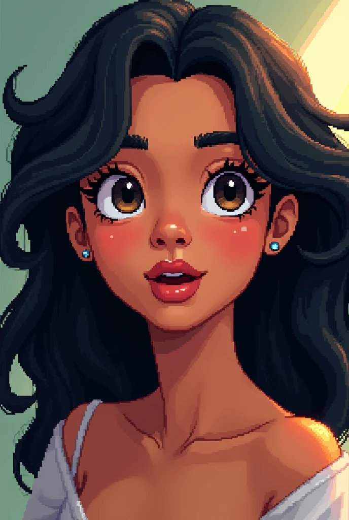 Brunette Brazilian woman, eyes large, dark eyes, Bblack hair, disney pixel animation style