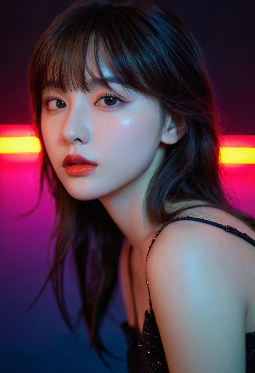 8K, best quality, 1 girl, (Skin Indentation), night, (dark), Indoor clear background, (people), Beautiful bangs, Gorgeous,, (Clothing and:1.3),Soft lighting, attractive, dark Room, (mouth close:1.2, beautiful eyes, Exquisite eyes, Detailed iris, Beautiful lips, Beautiful nose, Pretty Face),(primary color:1.5)，(Ambient Light:1.5)，(Neon lights:1.8),(Radioluminescence:1.3)
