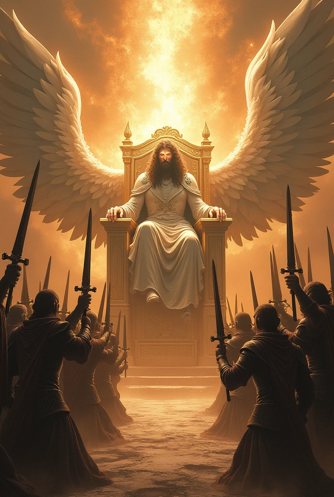 God with eyes of shining flame, in heaven surrounded by angels, angels he worships, incredibly strong and powerful angels, with their swords and armor worshiping the God of heaven sitting on the throne.