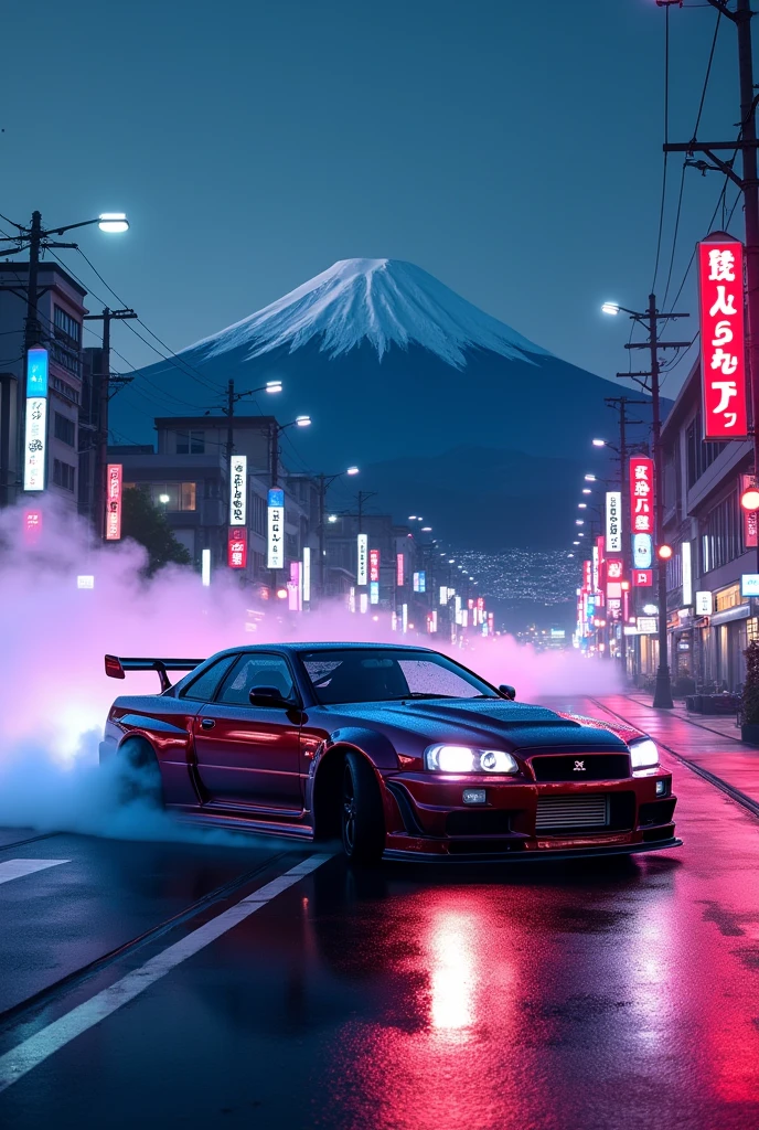 can u make a nissan skyline r 34 with body kit in midnight city drifting fuji mountain in japan with neon under the car and wheels smoke now from back 