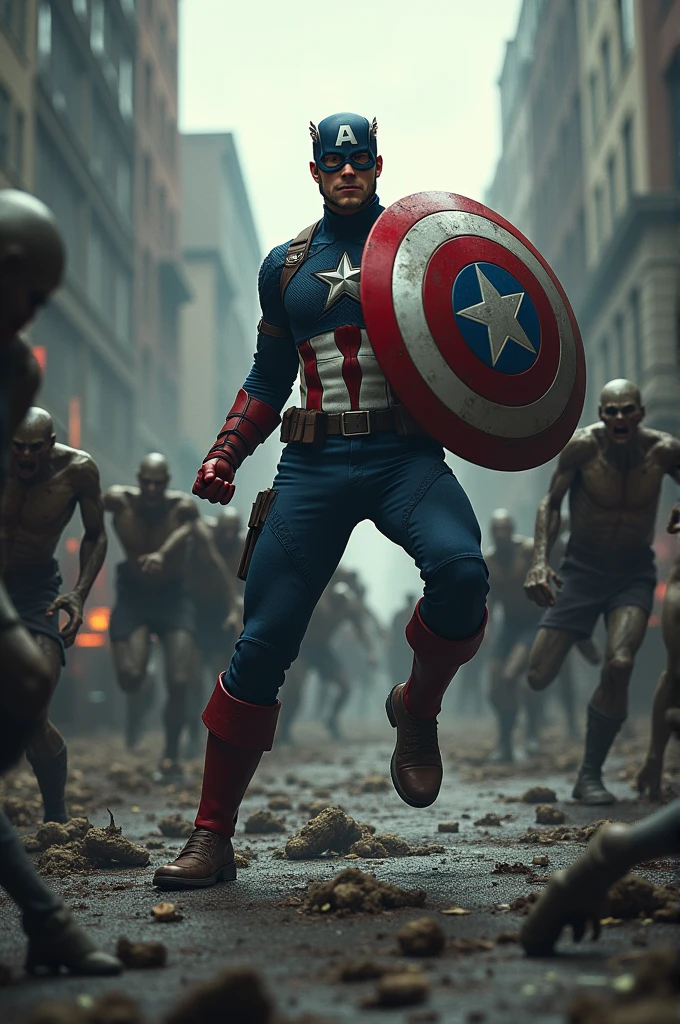 Captain America killing several zombies