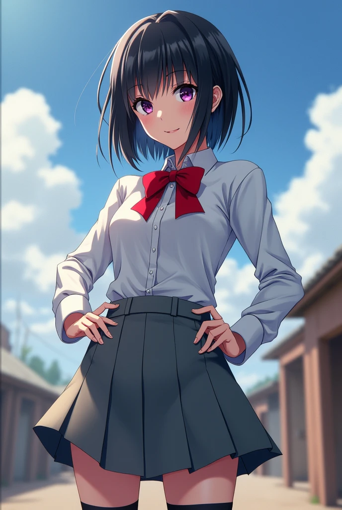 ((best quality)), ((highly detailed)), masterpiece, , (1girl), Perspective distortion, cowboy shot, ((wide shot)), Rukia, black hair, short hair, hair between eyes, purple eyes,  , white collared shirt, red bowtie, grey pleated skirt, socks, shoes, (outside, black thighhighs ,looking viewer