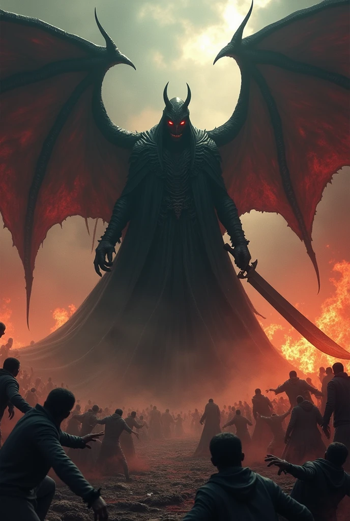 Thousands of people were tortured in a hell that was full of flames and was tortured by a huge, red-eyed and very angry creature in black robes with 2 terrifying wings and a large sword that he carried in his right hand ready to torture anyone while staring angrily at humans sinners and among them some were strangled and picked up by the big creature,4k,HD,realistic