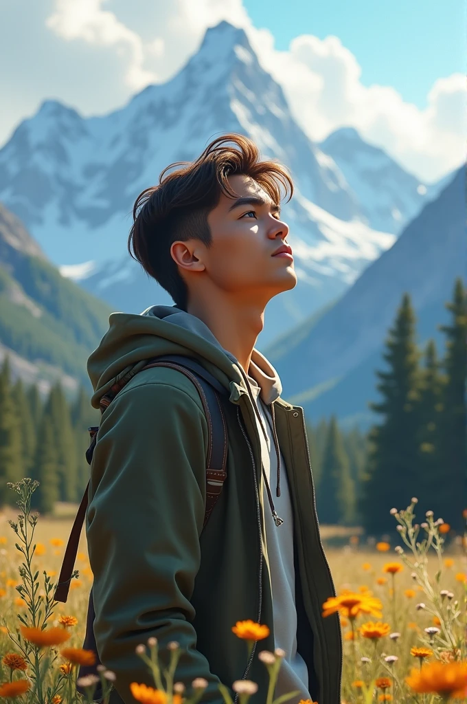 I am a handsome young man enjoying the natural beauty in the mountains