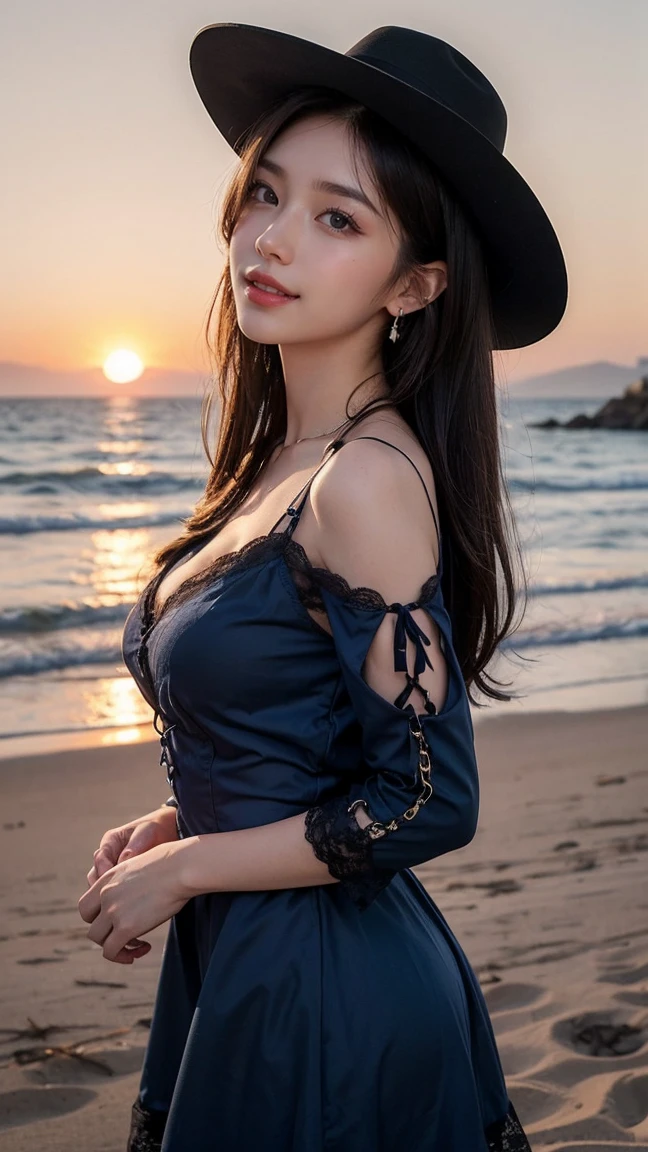 (((Sunset sinking into the sea:1.3))), ((At Patong Beach in Phuket)), ((Profile of a beautiful woman gazing at the sunset)), (Standing on the sandy beach shore lines:1.3), ((At dusk)), (masterpiece:1.3), light makeup, red lips, beautiful hair, Black hair, (Medium hair:1.3), elegant, soft lighting, Very fine details, masterworks, authentic texture, perfect work, (1 girl), (One Woman), 16k, high resolution, exquisite features, brown eyes, (Ultra-high resolution eye:1.1), Japanese idol, beautiful face, ((artists work)), (photorealism:1.2), (gentle smile like a goddess), attractive, well-shaped breasts, beautiful cleavage, shiny skin, smooth skin, BREAK, (Darkblue Lace-up square neck dress, half sleeves:1.3), BREAK, (Wide-brimmed Cowboy-hat), earrings, necklace, BREAK, Full-body, walking position, (walking along shore line), (Asking for a kiss:1.2), (lovely smile), shoot from below, side shot