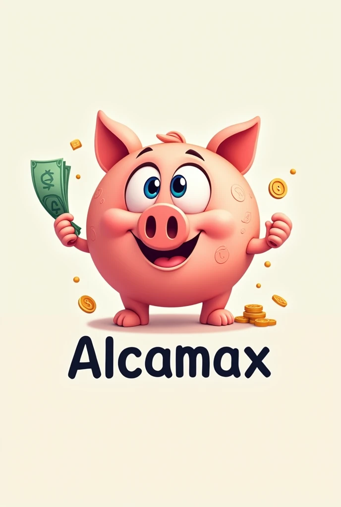 generate a logo called alcamax that has to do with animated piggy banks