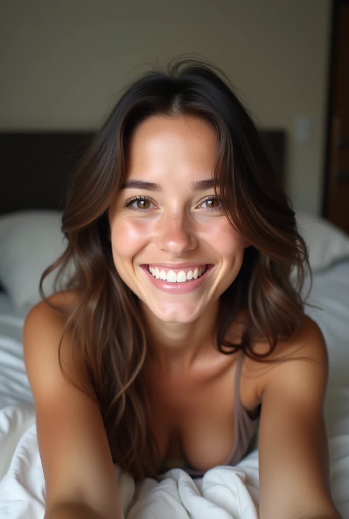 Belle brune, yeux marrons, grain de beauté sur la joue, cheveux courts, poitrine, piercing au nez, seins nus, coucher sur le lit