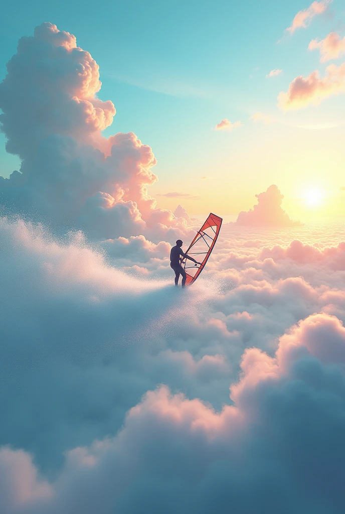 A windsurfer gliding on a sea made of clouds, with the board slicing through a sky of vibrant, dreamlike hues, and fantastical elements like floating islands.