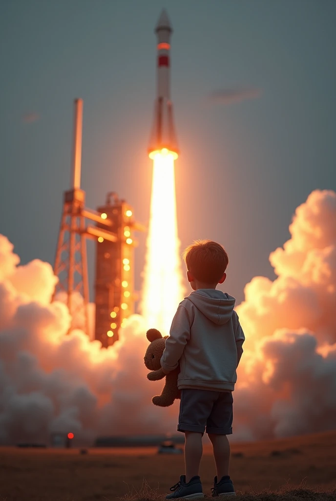 boy stands back with his cuddly toy, facing a rocket launch station, looking at a rocket taking off. Realistic photography, photo realism, cinematography --ar 169