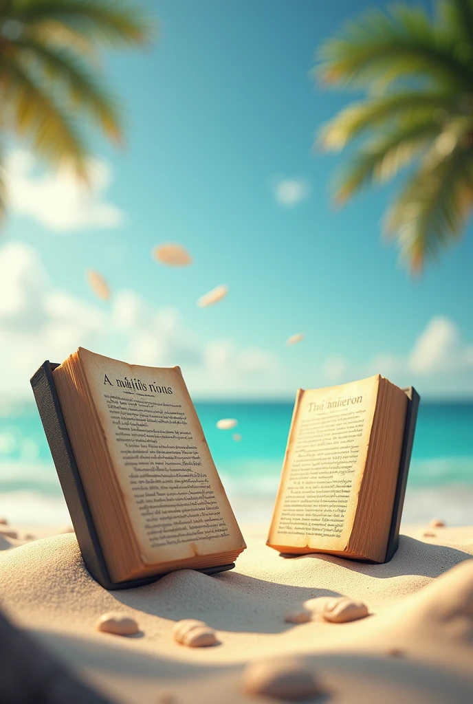 Make an image that has the letters two academic works with a beach theme