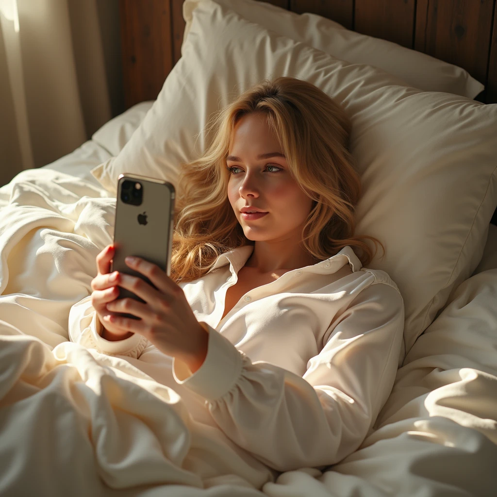 A beautiful blonde woman is lying on the bed. She is wearing a white men's shirt and taking a selfie.