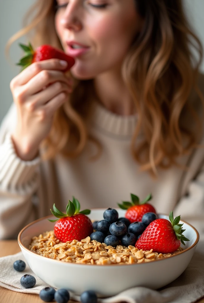 (photorealism:1.2)Color palette: 
Person eating golden brown oatmeal (for cereals and granola)
bright red (for strawberries)
Navy blue (for blueberries)
Beige natural o blanco (for the background)

