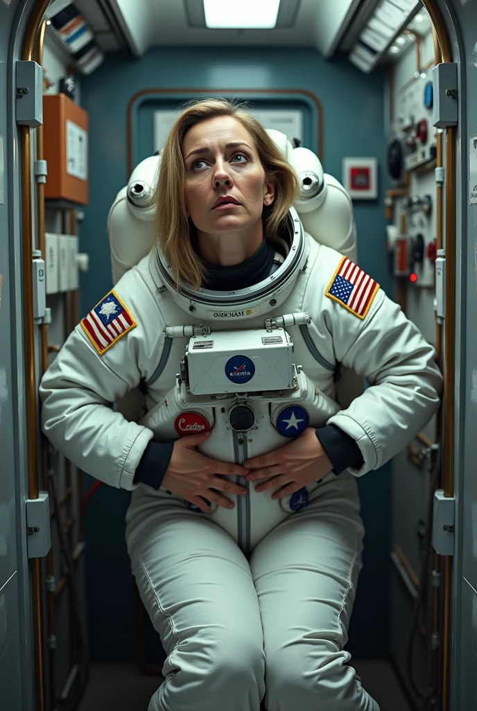 A photo of a female astronaut desperate to use the bathroom.