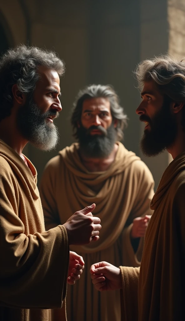 Ultra-realistic 8k Image, Job's friends accusing him, Scene where his friends argue with him, finger pointing, symbolizing the false accusations that Job was being punished for his sins.