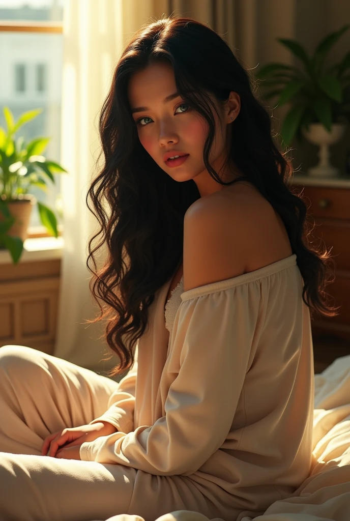 (photorealism:1.2), beautiful woman, sitting on bed, wearing loose off-shoulder top, pajama pants, long curly black hair, indoors, soft lighting, plants in background, window with sunlight, cozy room, relaxed pose, realistic, intricate details, warm colors, by Greg Rutkowski, by Alphonse Mucha blue piercing eyes