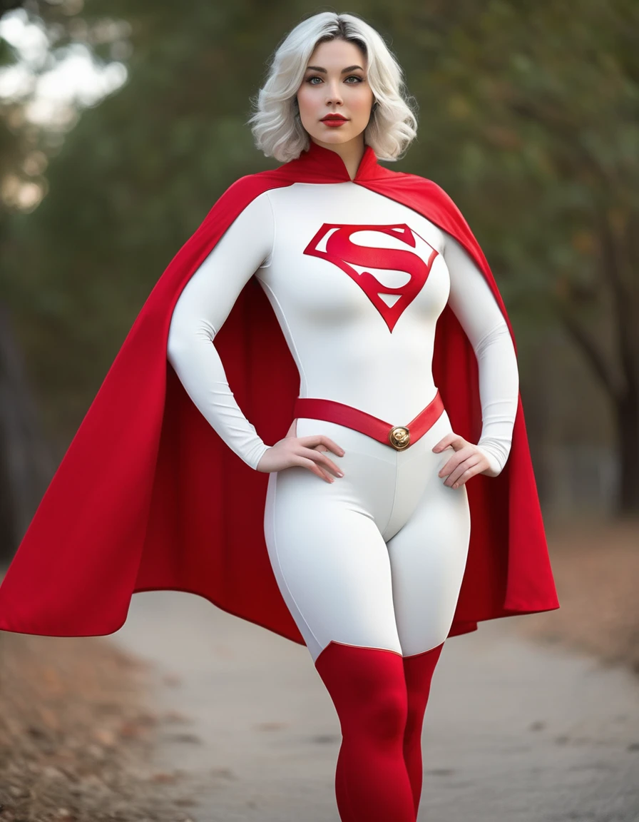 professional portrait photo of Grccrlncrry woman, looking at the camera, Busty outfit and skin tight costume. Curvaceous figure, large breasts, perfect body, perfect proportions, beautiful face, voluptuous, sexy, sexy pose. highly detailed, skin texture, white leotard, left shoulder cape and chain, red cape, cosplaying as Power Girl of the DC universe of comics.
