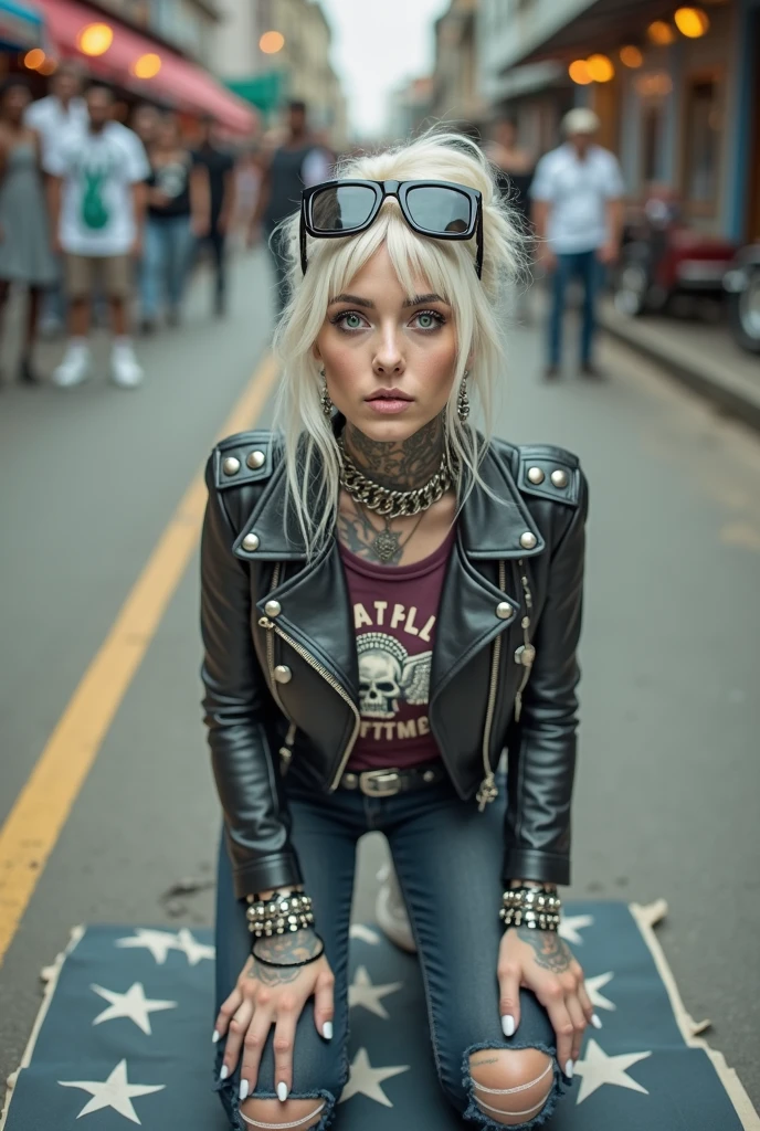 American old milf woman, blonde platinum hair (beehive bun) and oversized square sunglasses as headband), with very light green eyes, extremely pale. Square jaw. .Wearing studded, padded shoulders, cropped black moto jacket (zippers on the side) full of pins. Cropped dark burgundy push up t-shirt with skull and wings logo and gothic lettering,, dark skinny low rise blue jeans with holes on knees .White tennis sneakers. Lots of thick wide studded bracelets, chain collars and big rings. Tacky wide studded leather belt with big eagle oval buckle. Long earrings with chains. Kneeling on a ragged large usa flag, looking at the photographer. Hands on knees. Looking at the camera, Toned abdominals, thin neck, slim legs and thin arms. Narrow hips. Heavily tattooed on chest, hands, neck and arms. Crowded street of Angola