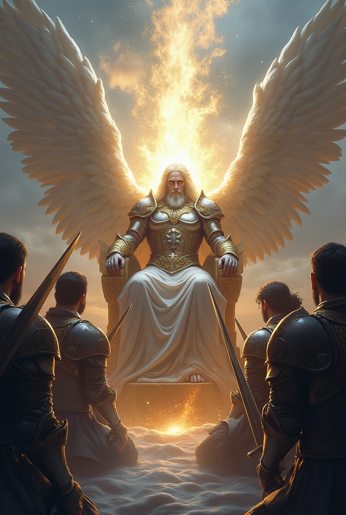 God with eyes of shining flame, in heaven surrounded by angels, angels he worships, incredibly strong and powerful angels, with their swords and armor worshiping the God of heaven sitting on the throne.