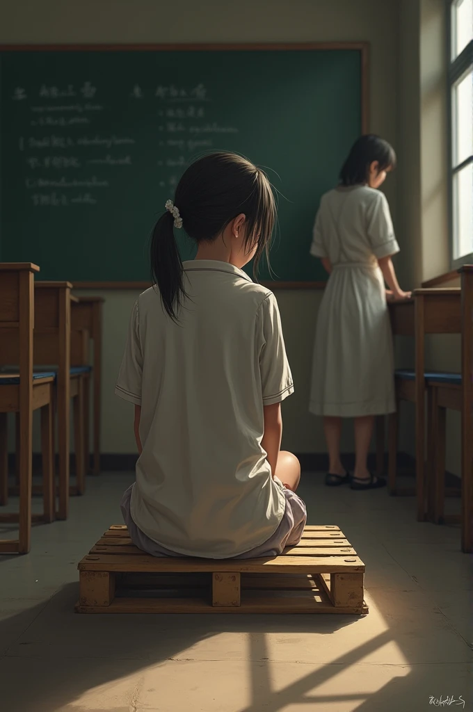 Girl sitting on a pallet at school and a teacher turning her back