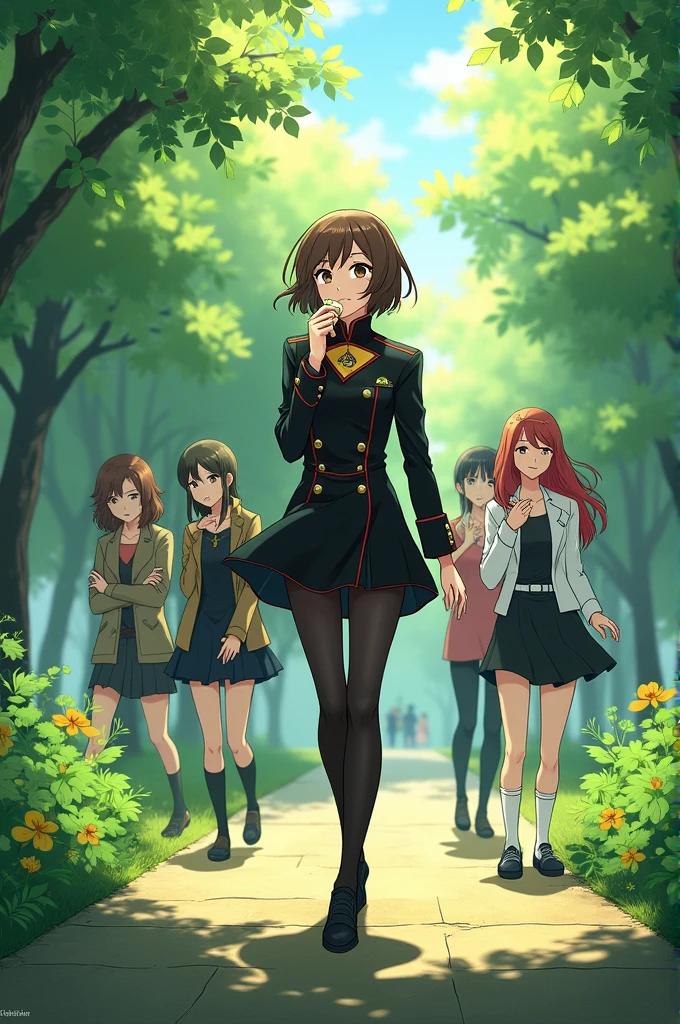 Create a character from the anime black clover with the following:
Jimena Fumizuki, an 18 year old young magician with short light brown hair and dark brown eyes, walks through a park eating something while enjoying the company of his friends Yuno, Asta and Yami, All members of the Black Bulls squad. With his uniform and septum, Jimena shows her bold personality and her ability to control wind and water with fast and precise magic., makes little spells