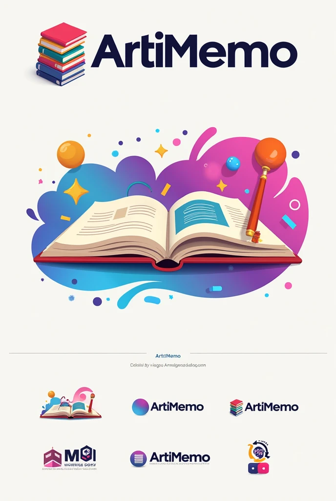 Make me an logo with the name Arti Memo with colours and books and colorful background and aesthetic 