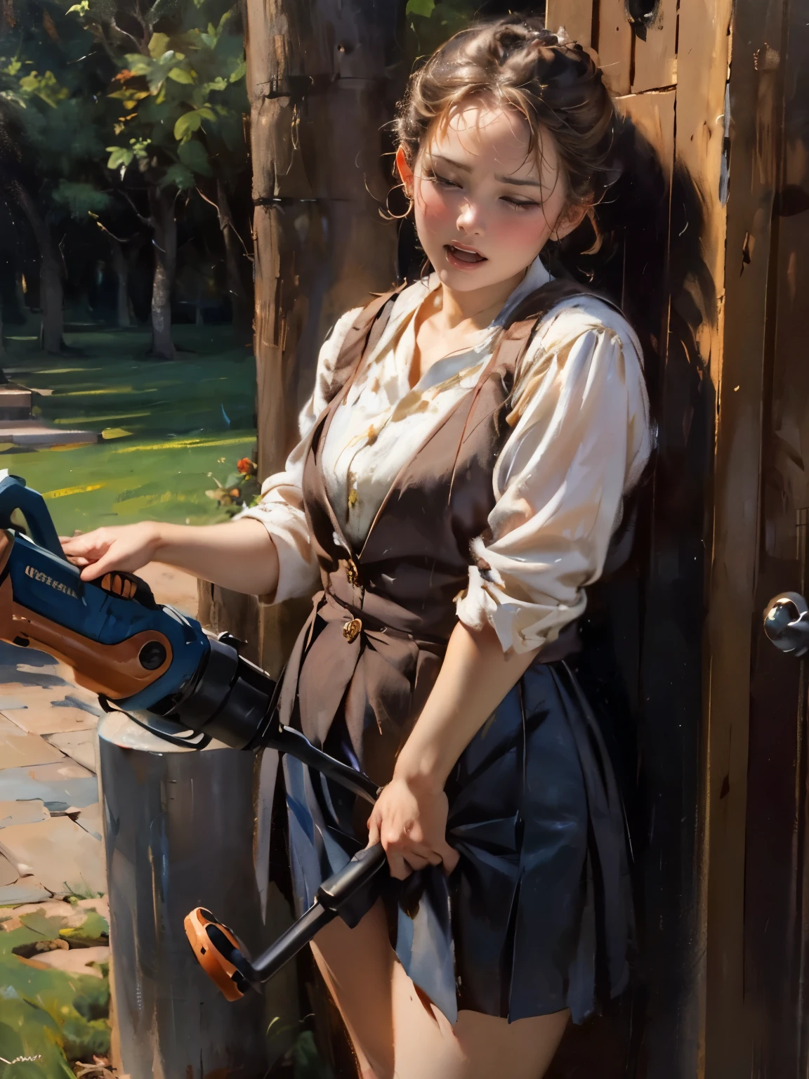 a woman, drooping eyes, ((styled old westerner oil painting)), eyes realistic sizing, pleated skirt, (round face), straddling bollard that is standing on the ground to hit her crotch, detailed vagina, open legs, braid, (((incontinent, humiliated))), (embarrassing), outdoor, (standing and straddling to hit her crotch area from over clothes against a vibrating grass trimmer handle)