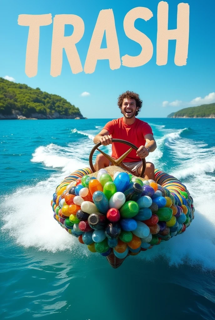 Sure! Here's a prompt based on your first image:
"A man with curly hair wearing a red shirt is steering a boat made entirely of plastic bottles on a bright blue ocean. The boat, constructed from various colored bottles, including a small cabin, moves swiftly across the water, leaving a trail of white waves behind. The man has a big, excited smile on his face as he grips the bottle-made steering wheel. Above the boat, the word 'TRASH' is written in bold black letters, with a red arrow pointing down at the boat. The background features a clear blue sky with distant green islands on the horizon."