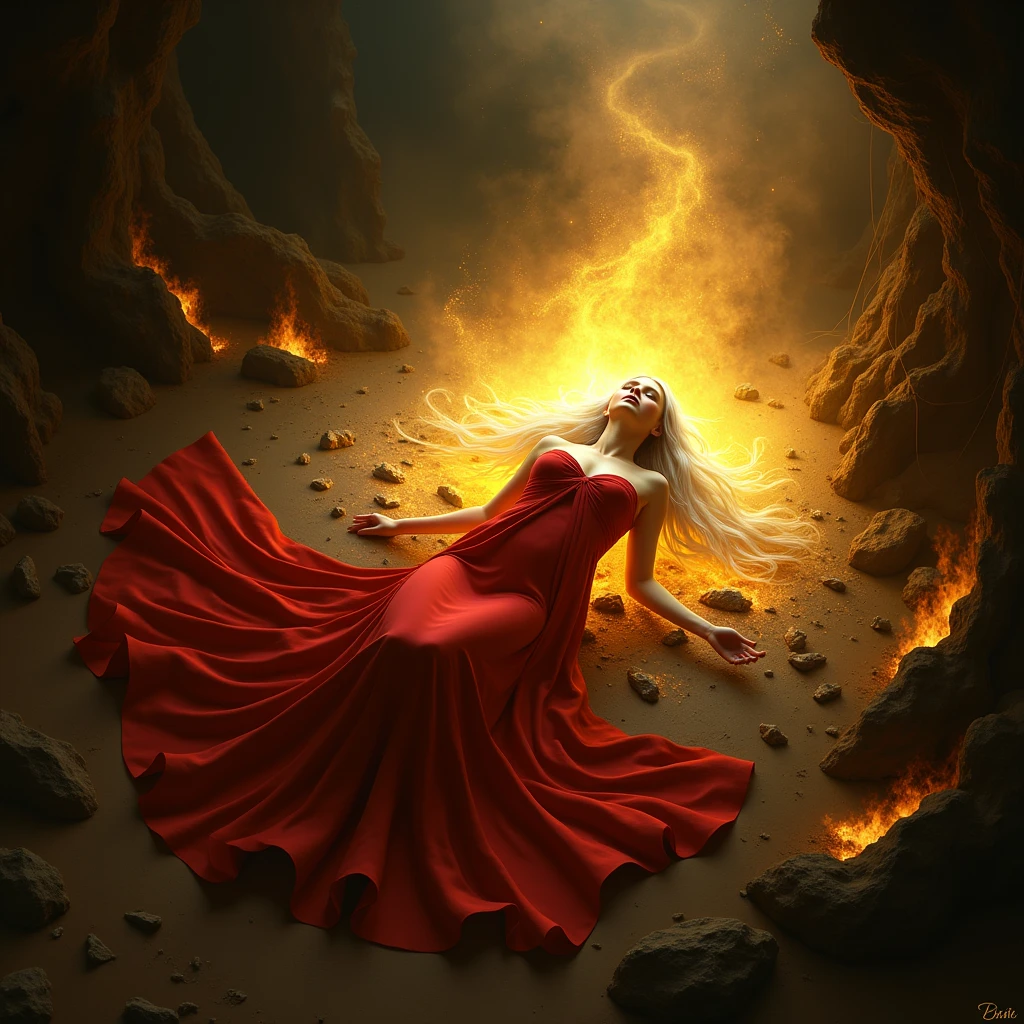 A woman with long white hair,she will be lying among the ashes wearing a red dress and the ashes on top of her,She will be reborn like a phoenix and the weather will be dark and there will be a yellow glow coming from her.,next to the ashes there will be currents,the background will have something related to the rebirth of a phoenix