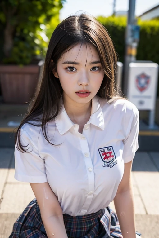 masterpiece, best quality, illustration, Super detailed, fine details, High resolution, 8k,wall paper, perfect dynamic composition,(Details High quality, realistic depiction of eyes:1.3), (school)、(white school shirt :1.2), (plaid skirt :1.3), large breasts, expresses the roundness and softness of your chest, Don't expose it、Disturbed uniform, black hair color, Big Natural Color Lip, perfect body shape, crying a little、Harajuku style、20 year old girl、cute type, beautiful legs, gravure idol, (A big bust that seems to burst:1.20),(Beautiful Big 1:1),,(((Sweating))),Show me your chest,Flushed Cheeks